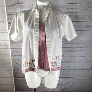 Maggie Max Large white Pink Mock 2 piece floral embroidered button up blouse Top